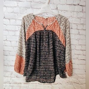 Lucky Brand Women's 2X Popover Tunic Mixed Print Peasant Boho Puff Smocked Sleev